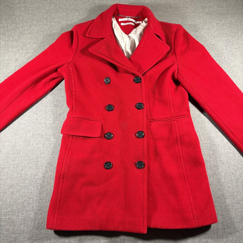 Vintage Tommy Hilfiger Pea Coat Womens Medium Red Double Breasted Twill Jacket